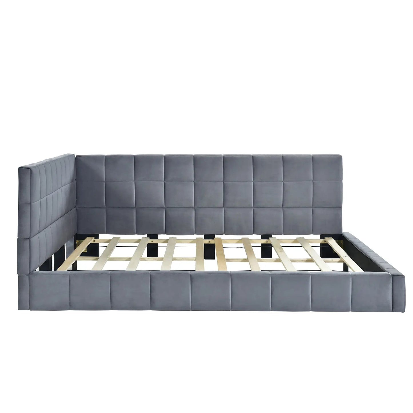 Full-size gray upholstered daybed frame with tufted square cushions and wood slat base on Tampa Home & Garden Store