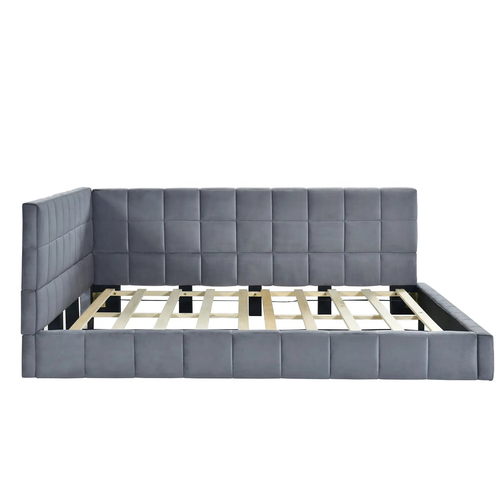 Full-size gray upholstered daybed frame with tufted square cushions and wood slat base on Tampa Home & Garden Store