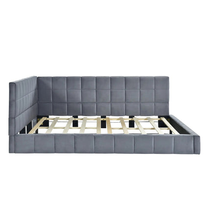 Full-size gray upholstered daybed frame with tufted square cushions and wood slat base on Tampa Home & Garden Store
