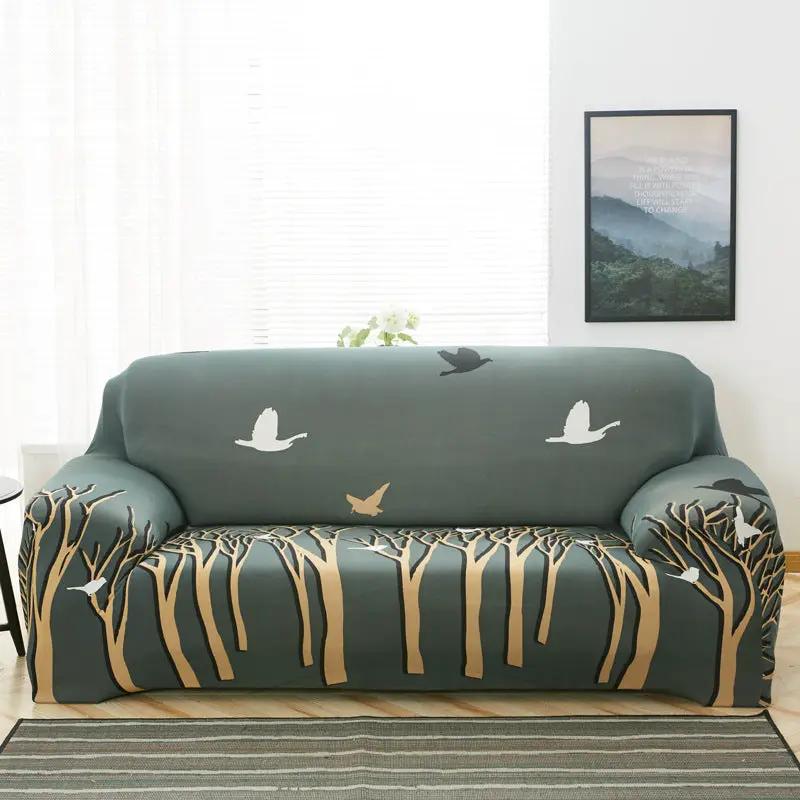 Stretch sofa cover teal with tree trunk motif and white bird silhouettes FLIPSTYLEZLLC on Tampa Home & Garden Store