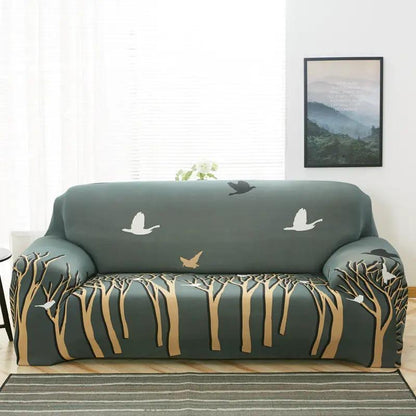 Stretch sofa cover teal with tree trunk motif and white bird silhouettes FLIPSTYLEZLLC on Tampa Home & Garden Store