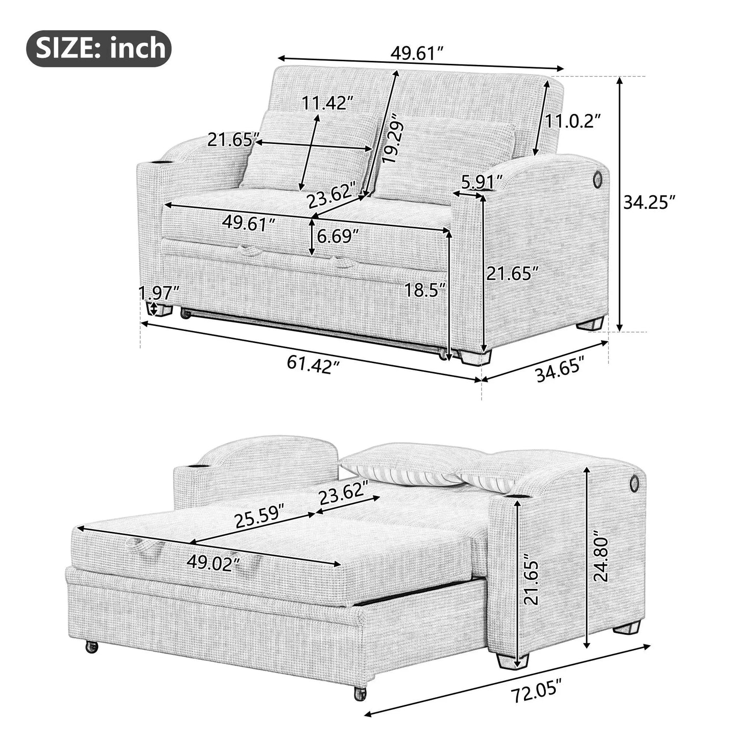 Pull Out Loveseat with Adjustable Backrest USB