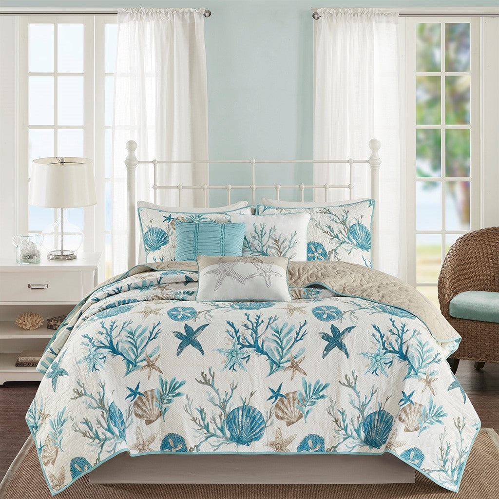 Aqua Cotton Sateen Quilt Set 6-Piece Full/Queen by HouseOfZazla seashell starfish print on Tampa Home & Garden Store