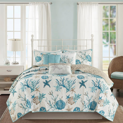 Aqua Cotton Sateen Quilt Set 6-Piece Full/Queen by HouseOfZazla seashell starfish print on Tampa Home & Garden Store