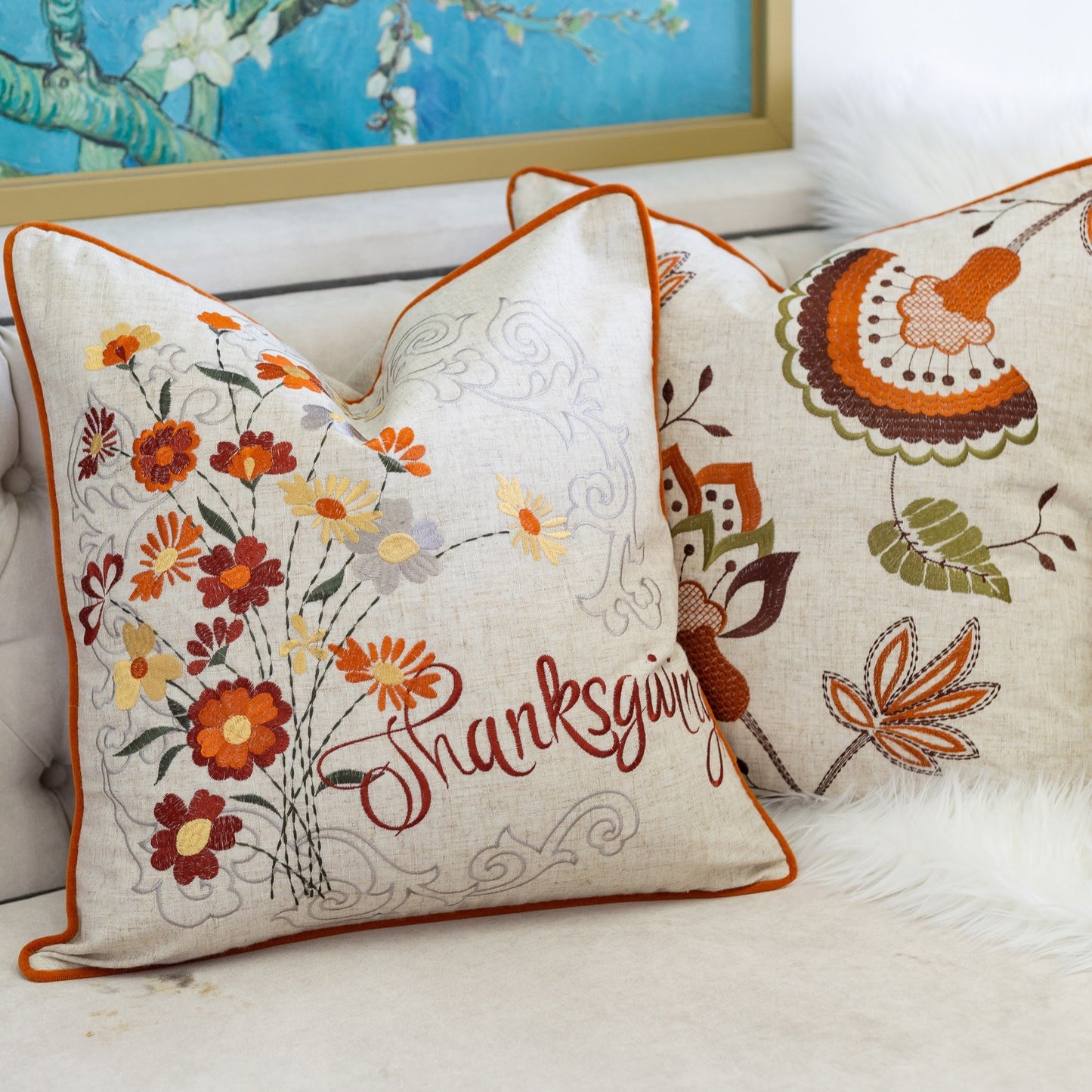 Thanksgiving Embroidered Floral Throw Pillow fabric with orange-piping flowers HouseOfZazla on Tampa Home & Garden Store