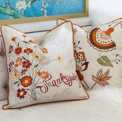 Thanksgiving Embroidered Floral Throw Pillow fabric with orange-piping flowers HouseOfZazla on Tampa Home & Garden Store