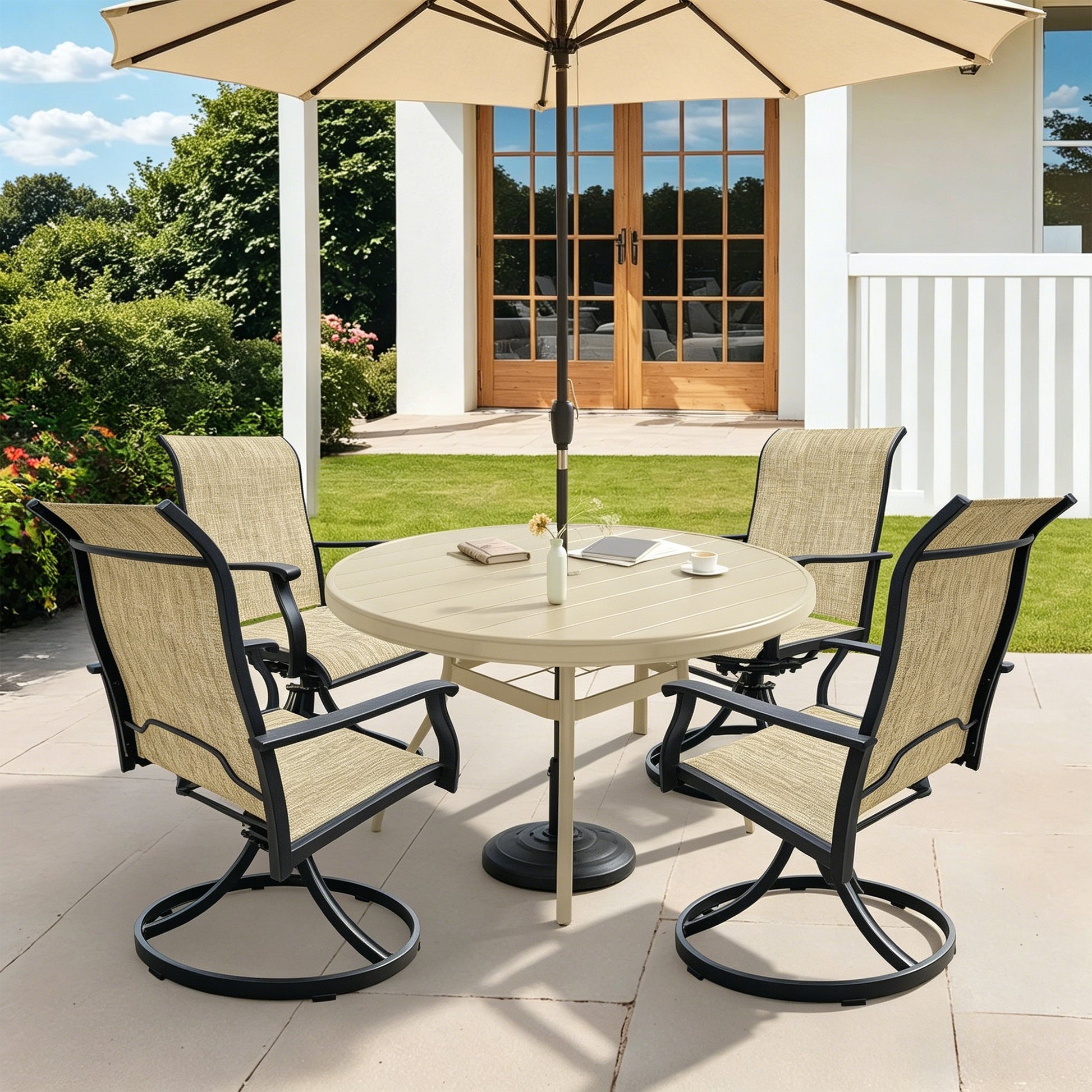 HouseOfZazla Outdoor Patio Set for 4 with Swivel Chairs around beige round table under umbrella on Tampa Home & Garden Store