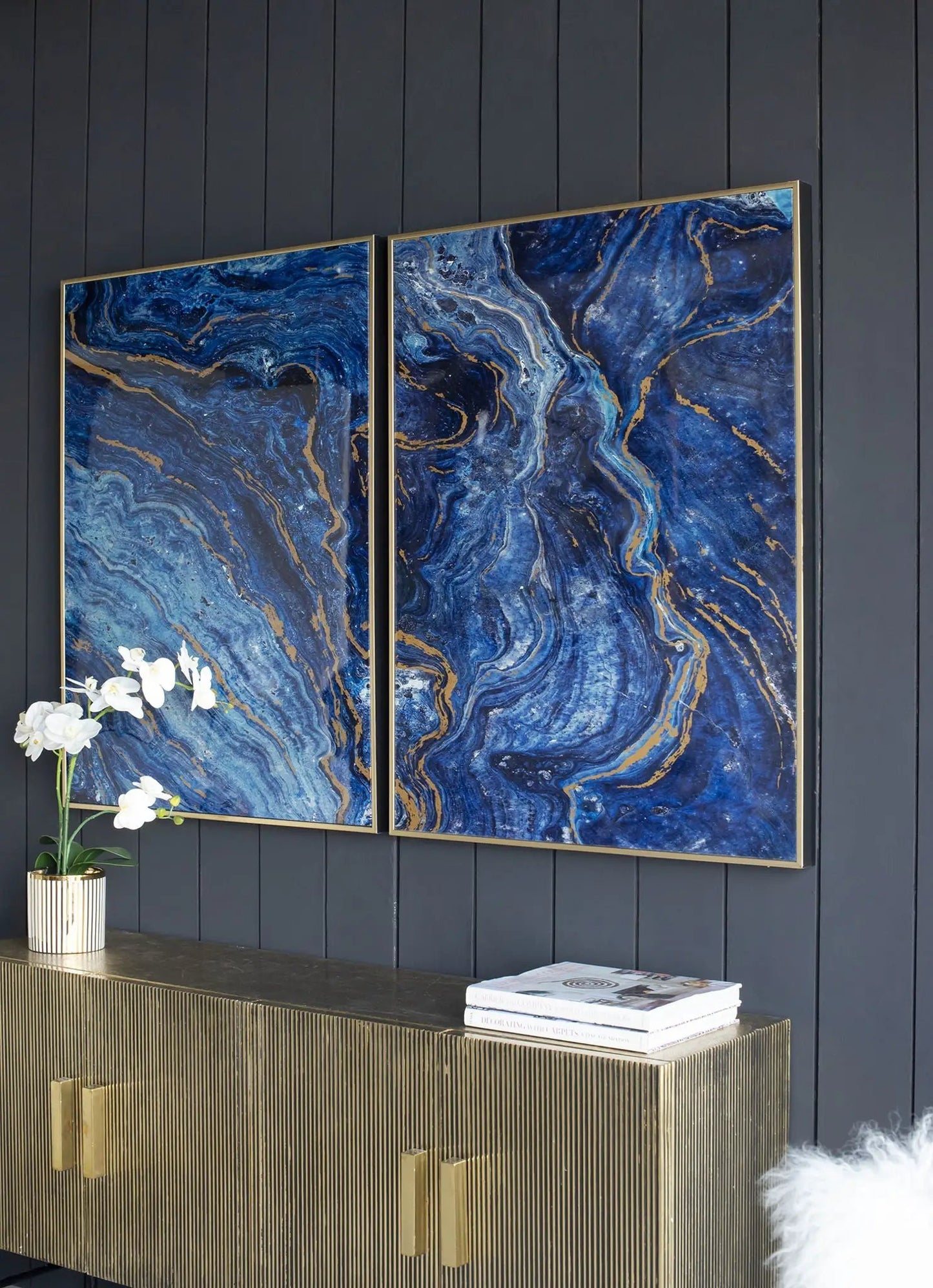 Framed Art Panels Unique Marbled Design Blue Set