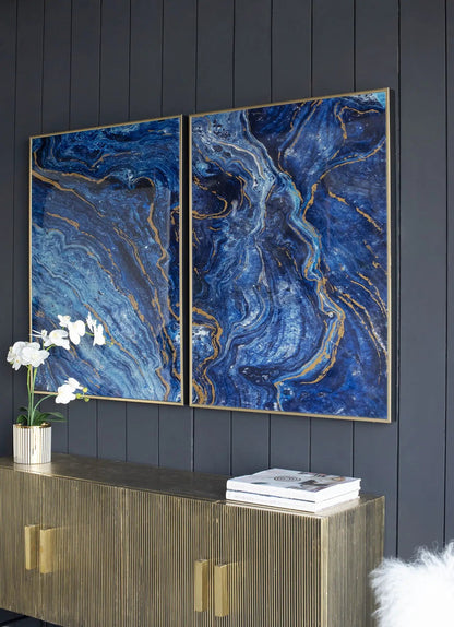 Framed Art Panels Unique Marbled Design Blue Set
