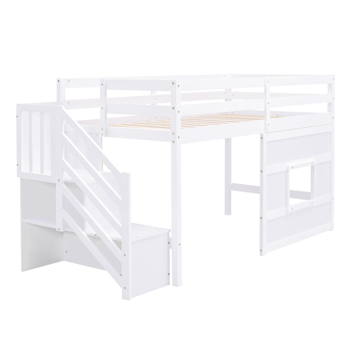Loft Bed with Storage Staircase white wooden frame with window panel guard rails HouseOfZazla on Tampa Home & Garden Store