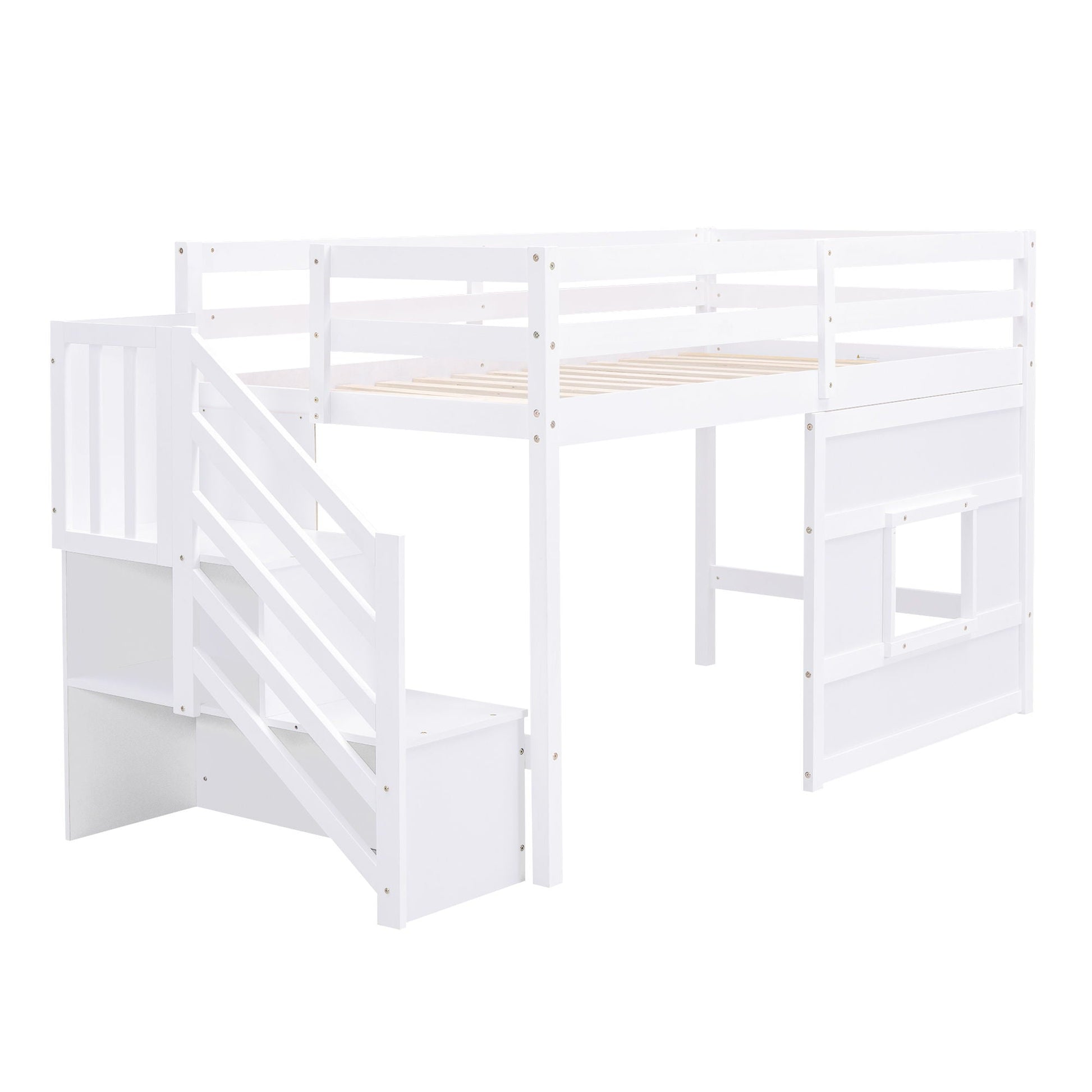 Loft Bed with Storage Staircase white wooden frame with window panel guard rails HouseOfZazla on Tampa Home & Garden Store