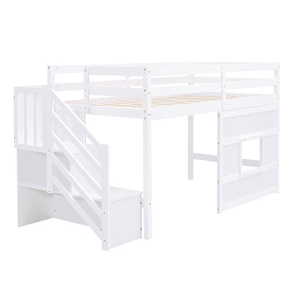 Loft Bed with Storage Staircase white wooden frame with window panel guard rails HouseOfZazla on Tampa Home & Garden Store