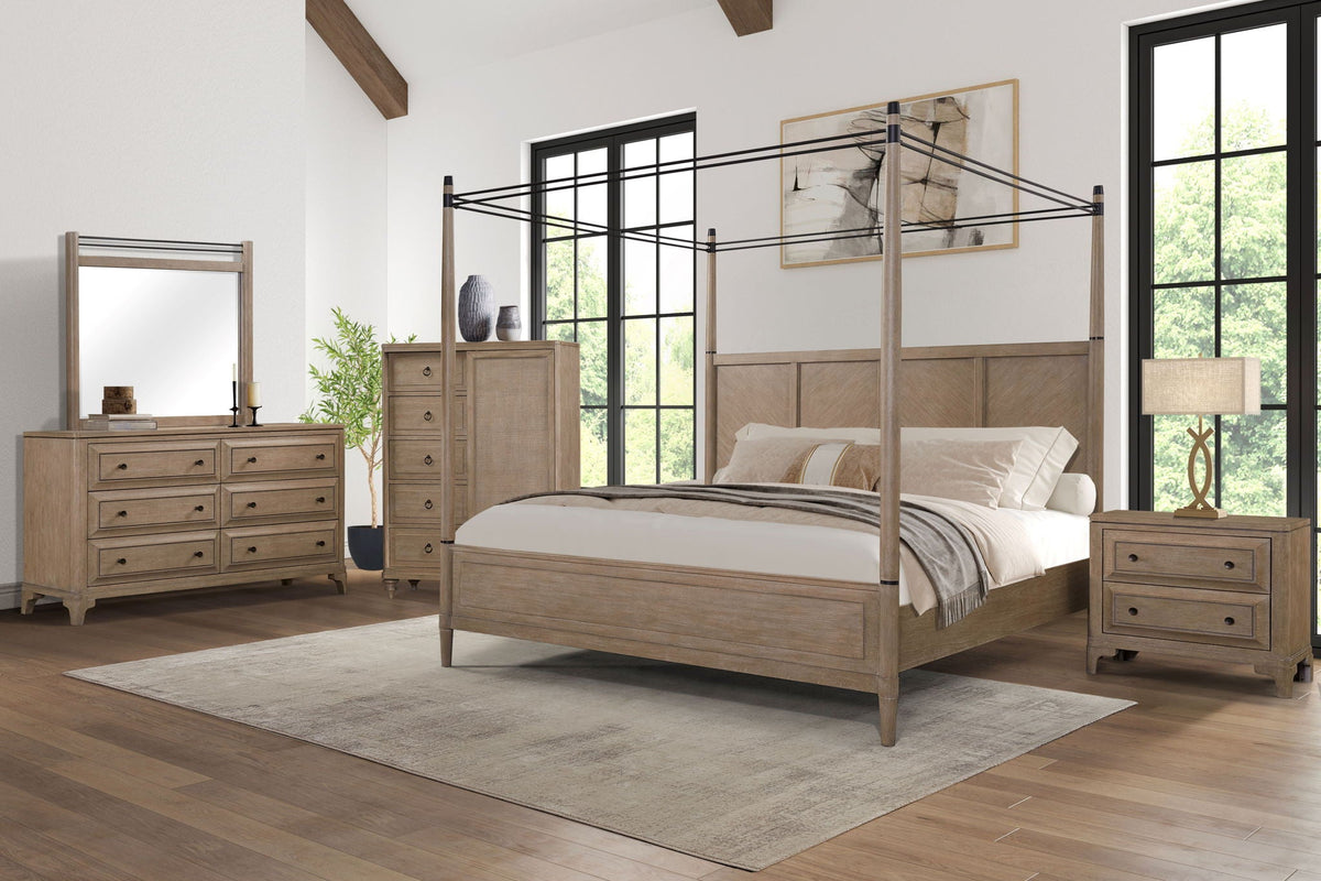 Queen canopy bed in sand with dresser, poster mirror, 2-drawer nightstand, and door chest on Tampa Home & Garden Store