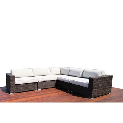 Luxurious wicker patio sectional with weatherproof Sunbrella cushions in beige, dark brown weave on Tampa Home & Garden Store