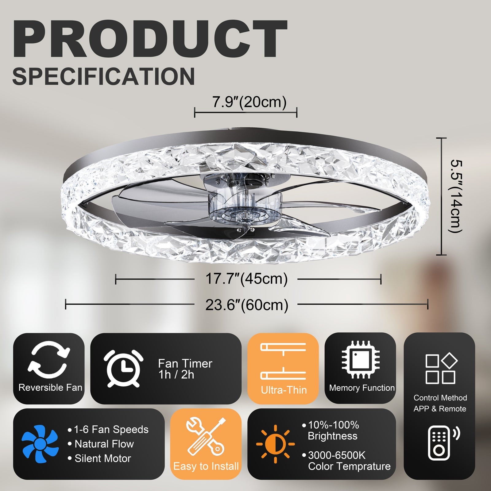 23.6in crystal ring ceiling fan with lights by HouseOfZazla, remote & app control on Tampa Home & Garden Store