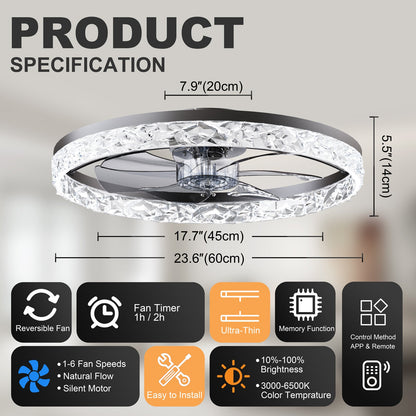 23.6in crystal ring ceiling fan with lights by HouseOfZazla, remote & app control on Tampa Home & Garden Store
