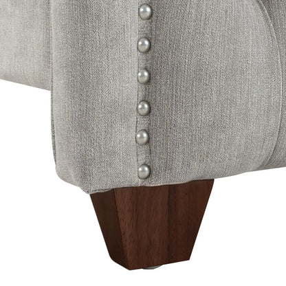 Marcella upholstered shelter bed set, light gray fabric, silver nailheads, dark wood legs on Tampa Home & Garden Store