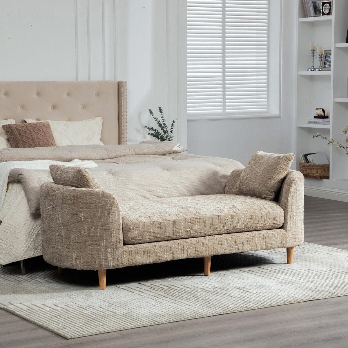 End of bed bench with armrests by HouseOfZazla, beige textured fabric, wooden legs on Tampa Home & Garden Store