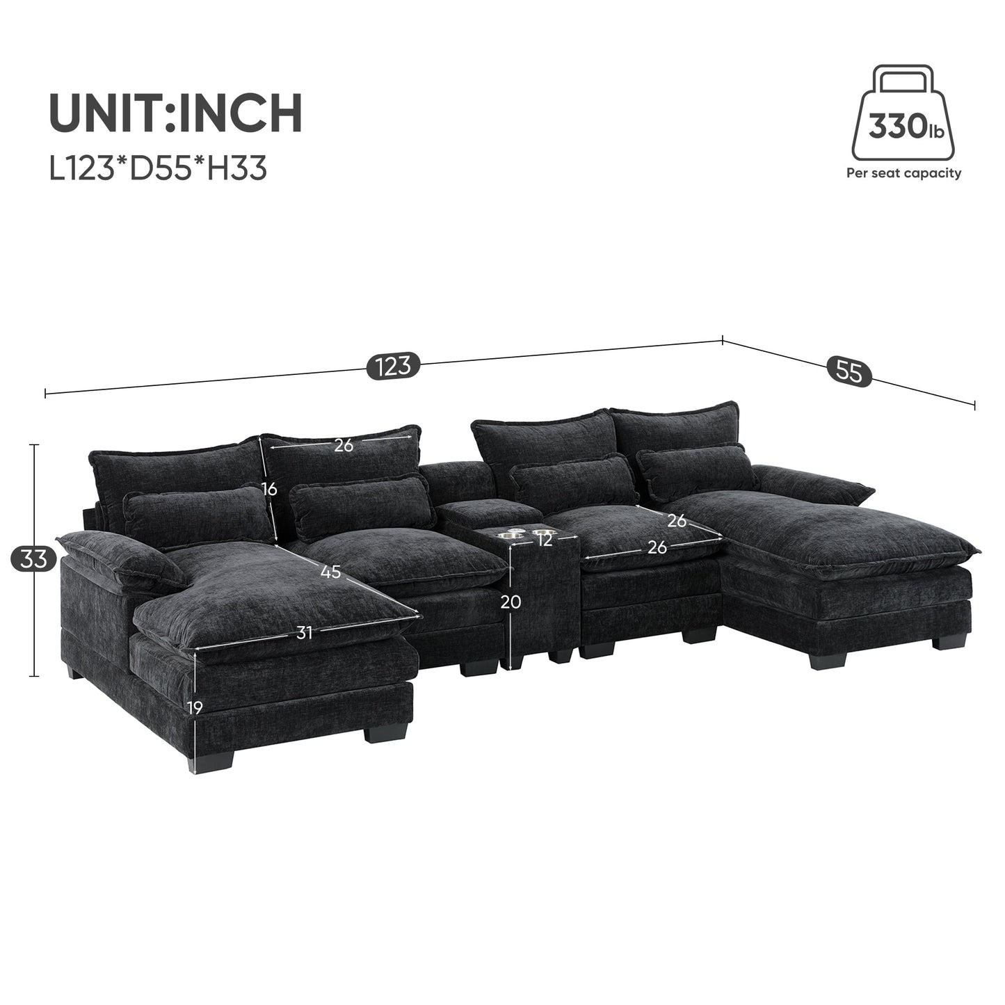 Modern U-Shaped Sectional Sofa with USB Charger in dark charcoal fabric by HouseOfZazla on Tampa Home & Garden Store