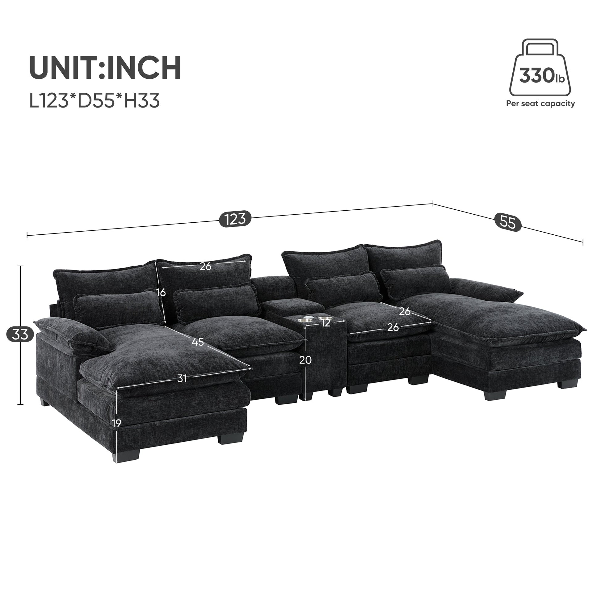 Modern U-Shaped Sectional Sofa with USB Charger in dark charcoal fabric by HouseOfZazla on Tampa Home & Garden Store