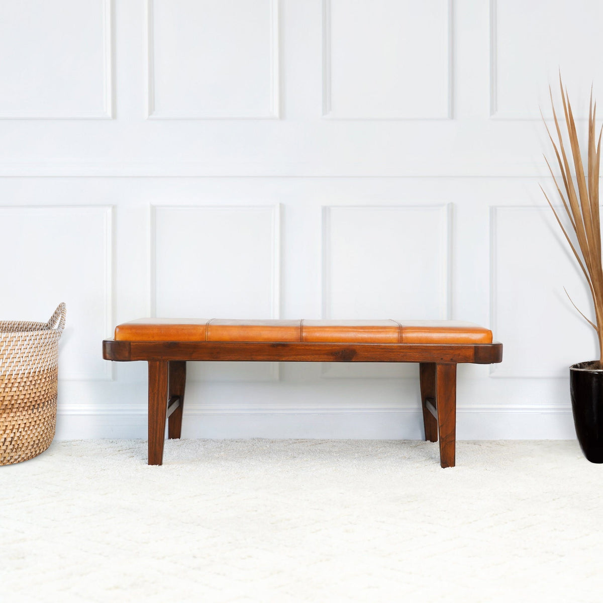 Rustic upholstered bench with tan leather cushion by HouseOfZazla, wooden legs on Tampa Home & Garden Store