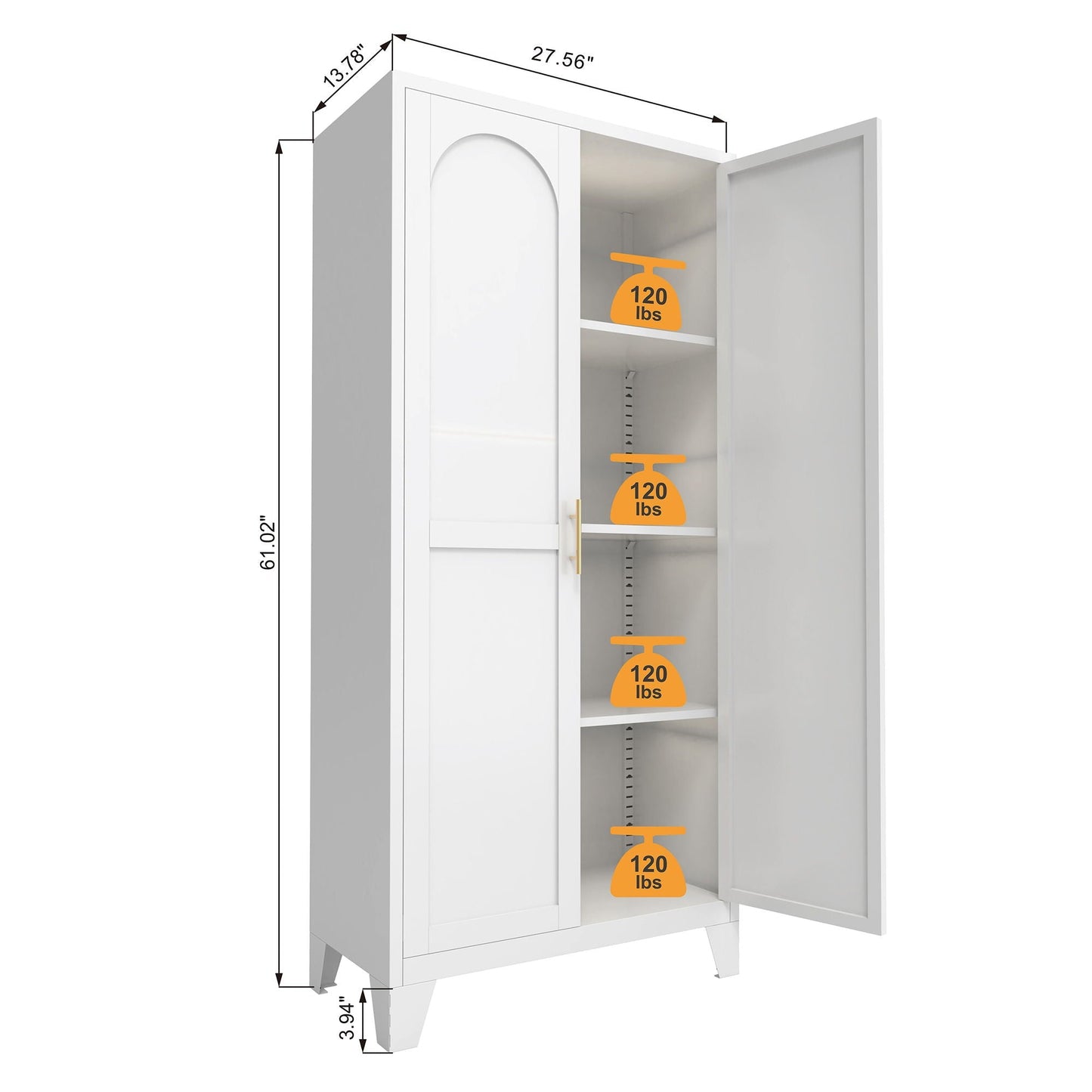 Shapely Doors Metal Wardrobe Cabinet with adjustable shelves; white finish, gold handles on Tampa Home & Garden Store