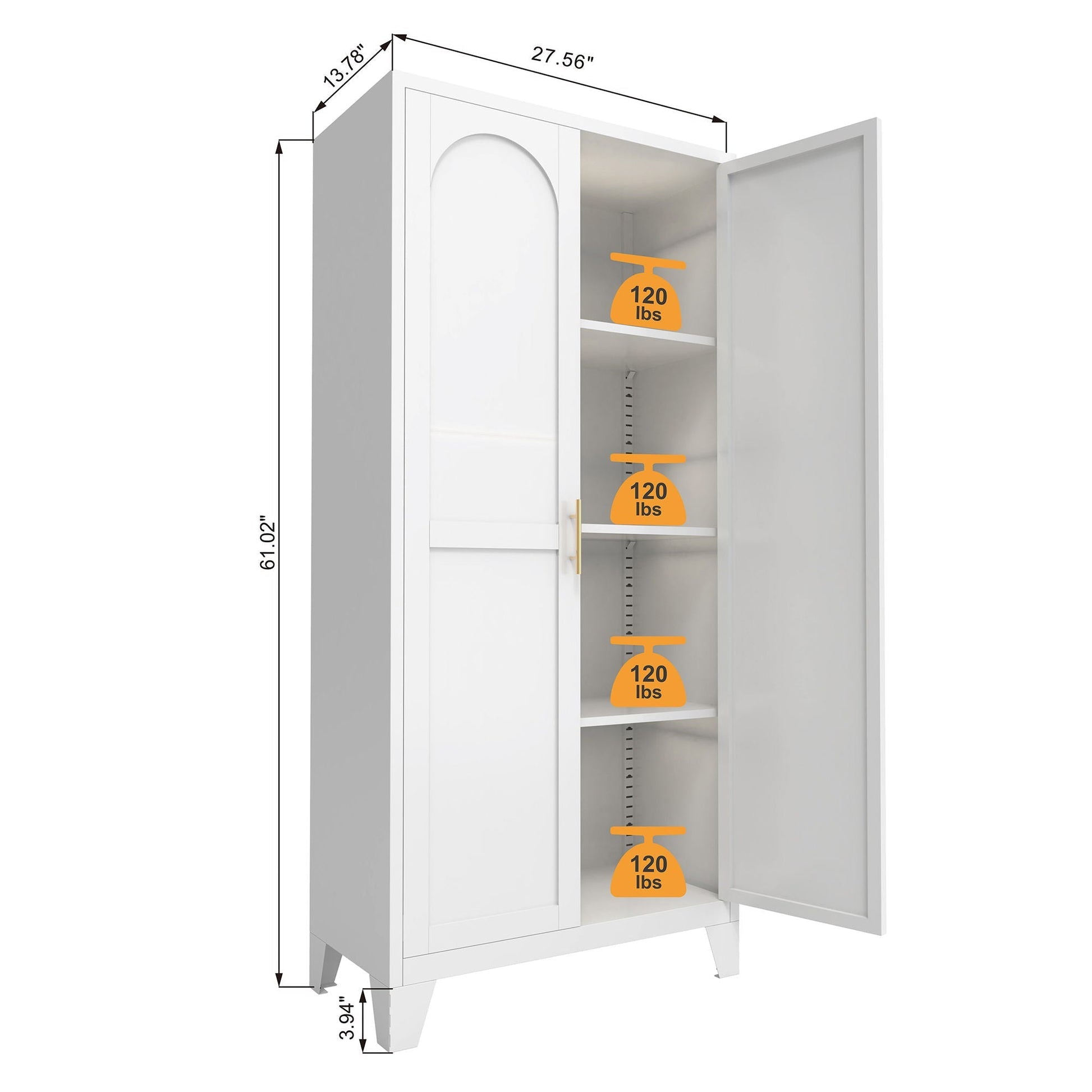Shapely Doors Metal Wardrobe Cabinet with adjustable shelves; white finish, gold handles on Tampa Home & Garden Store
