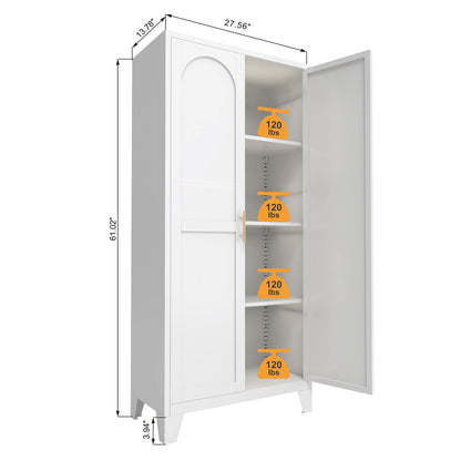 Shapely Doors Metal Wardrobe Cabinet with adjustable shelves; white finish, gold handles on Tampa Home & Garden Store