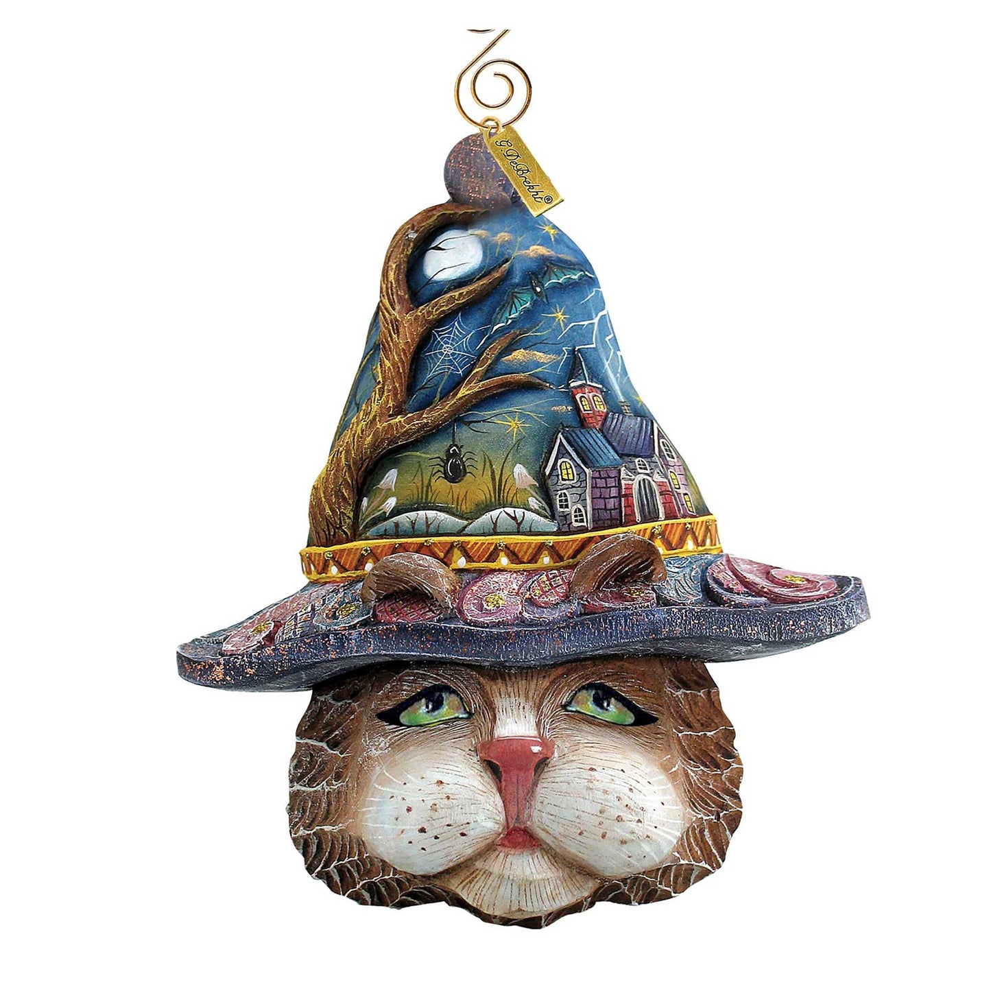 Halloween Cat Sculpted Ornament by G.DeBrekht; blue cloak with village scene and brown hat, gold trim on Tampa Home & Garden Store