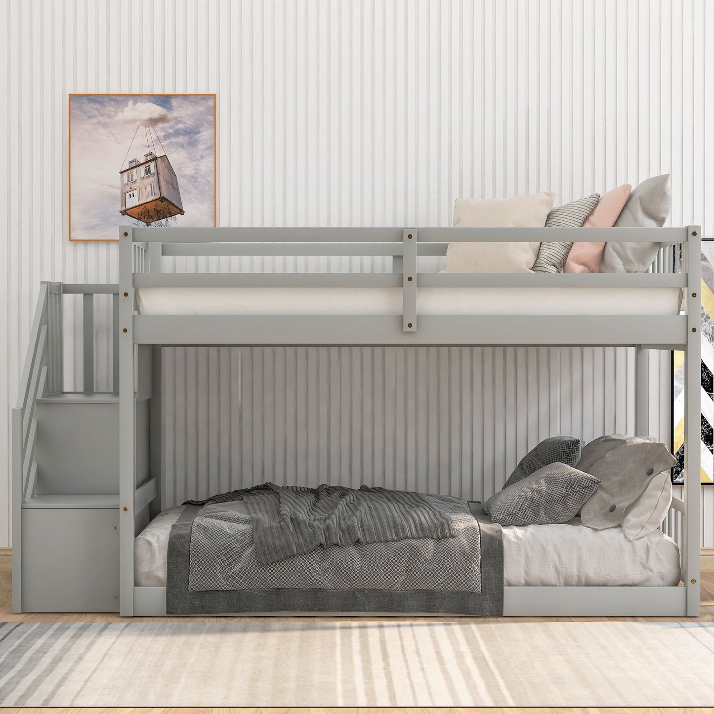 Twin Over Twin Floor Bunk Bed with storage ladder in gray by HouseOfZazla on Tampa Home & Garden Store
