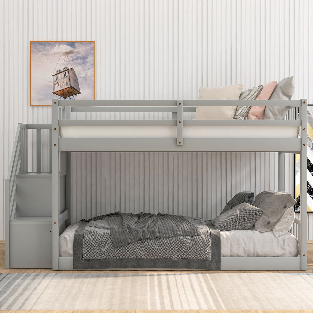 Twin Over Twin Floor Bunk Bed with storage ladder in gray by HouseOfZazla on Tampa Home & Garden Store
