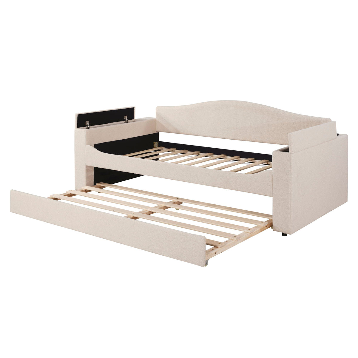 Beige upholstered daybed with storage armrests and pull-out trundle with slatted base on Tampa Home & Garden Store