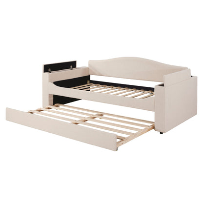 Beige upholstered daybed with storage armrests and pull-out trundle with slatted base on Tampa Home & Garden Store