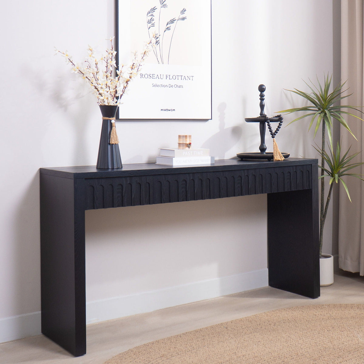 Modern console table with 4 drawers in black wood finish featuring grooved front panels on Tampa Home & Garden Store