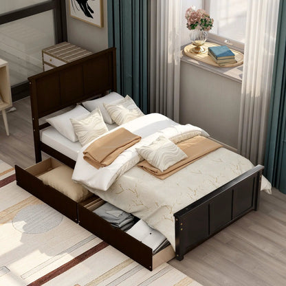 Platform storage bed with two under-bed wheel drawers in dark wood by Unique Piece Furniture on Tampa Home & Garden Store