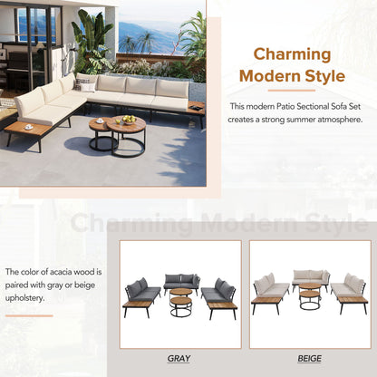 Modern outdoor sectional sofa set with nesting coffee tables in beige cushions by HouseOfZazla on Tampa Home & Garden Store