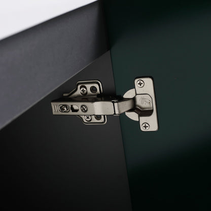 Freestanding bath vanity hinge close-up with dark cabinet panel HouseOfZazla on Tampa Home & Garden Store