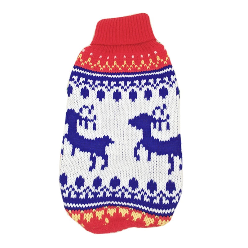 Pet Zen Christmas Maple Snowflake turtleneck sweater with red collar and blue reindeer pattern on Tampa Home & Garden Store