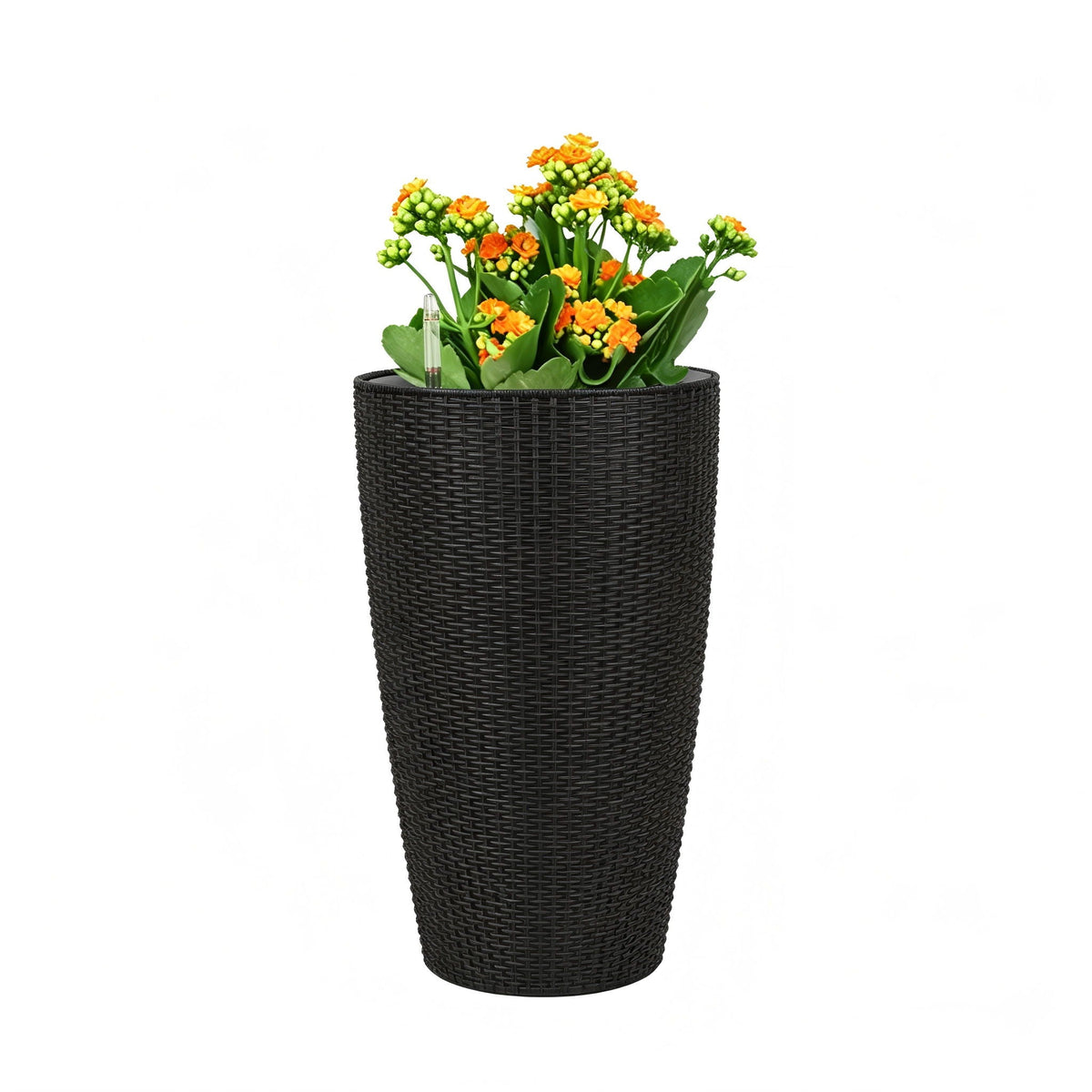 HouseOfZazla tall planters set with water level monitor, black wicker, orange flowers, 3-pack on Tampa Home & Garden Store