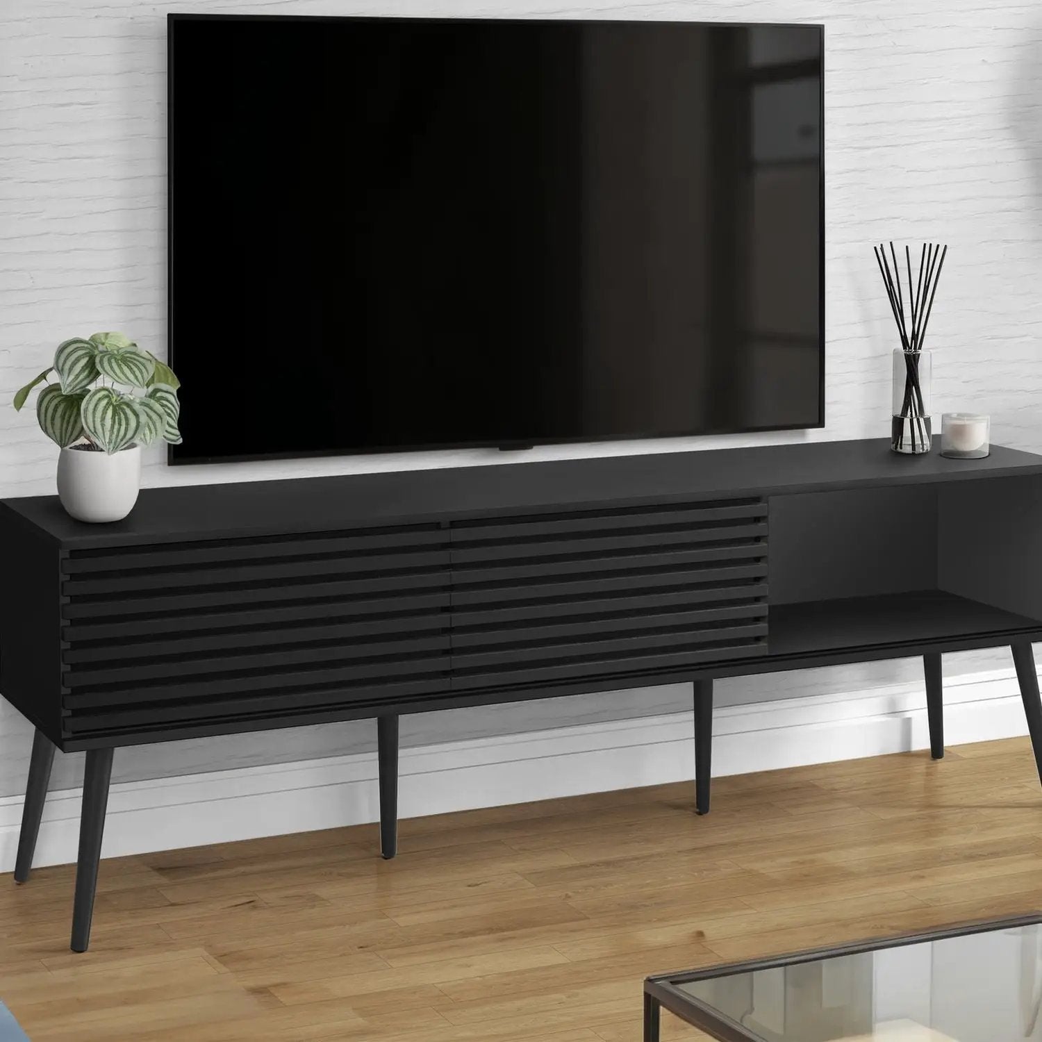 TV stand black slatted media console with storage cabinet by Unique Piece Furniture on Tampa Home & Garden Store