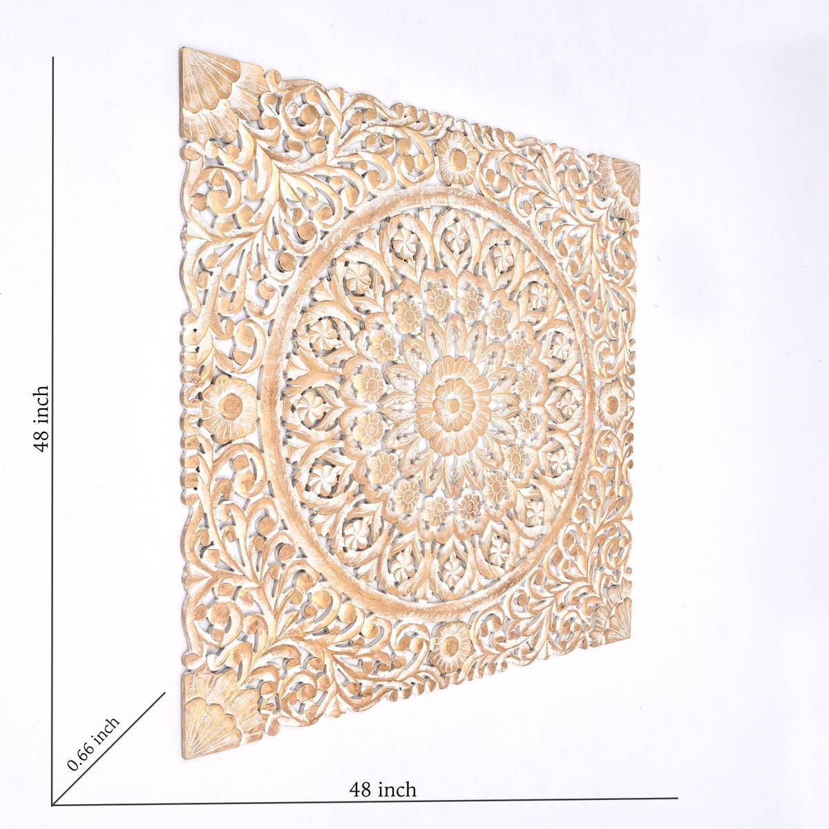 Floral hand-carved mandala square wall decor panel in gold and white with floral lattice on Tampa Home & Garden Store