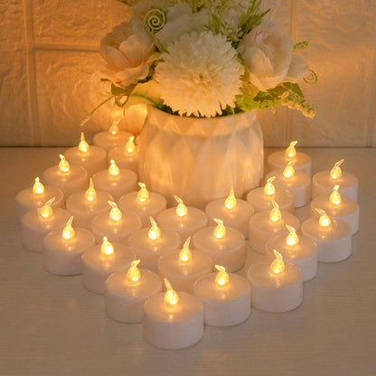 Stevvex flameless LED tea lights warm white 24-pack vase with flowers for wedding decor on Tampa Home & Garden Store