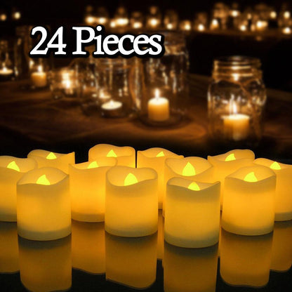 Stevvex flameless LED tea lights warm white, 24 pieces on a table with jar lanterns on Tampa Home & Garden Store