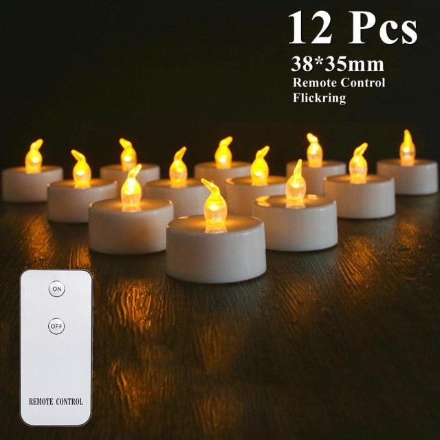 Flameless LED tea lights 12-pack by Stevvex, warm white flicker with remote control on Tampa Home & Garden Store
