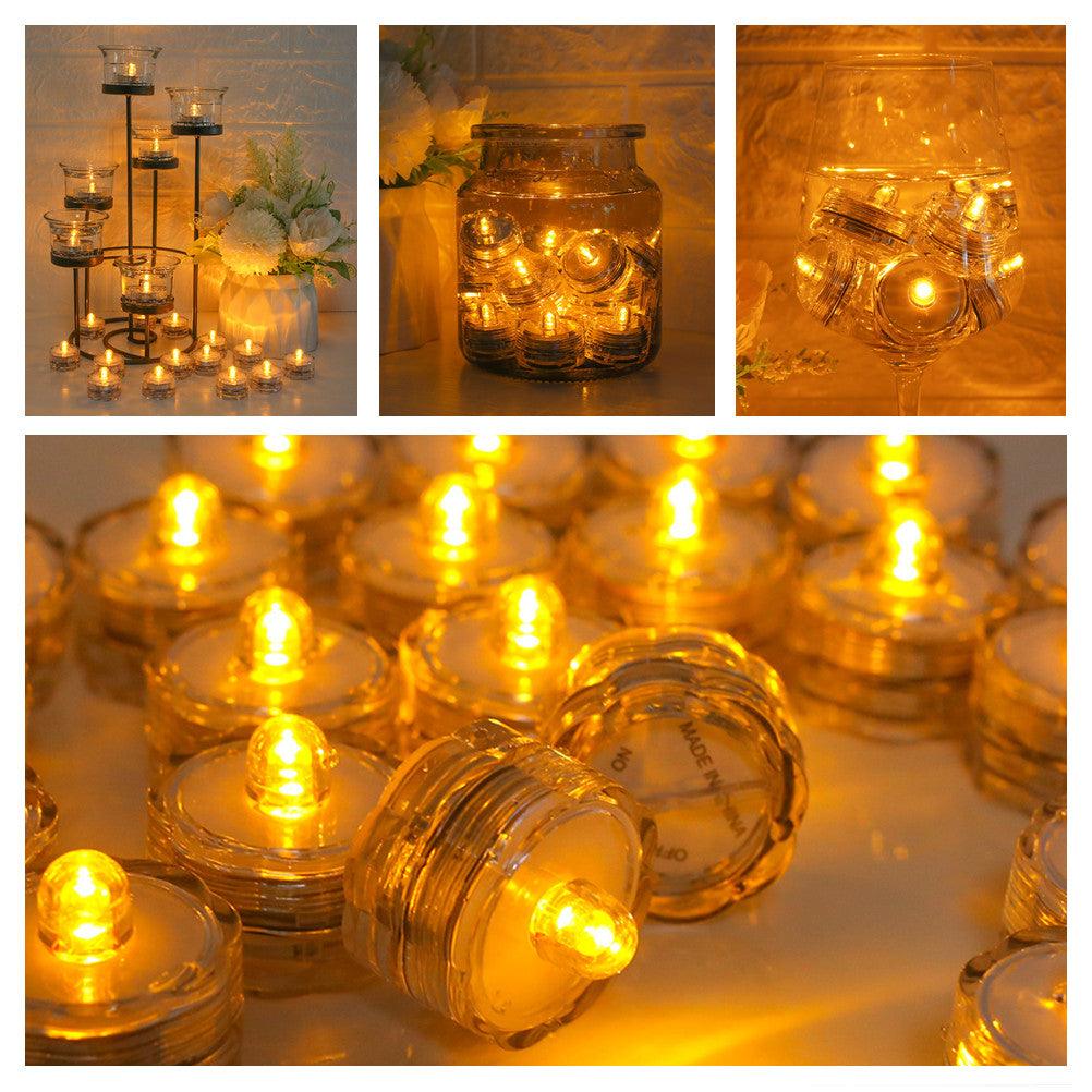 Stevvex flameless LED tea lights in clear cups, warm white glow for wedding decor on Tampa Home & Garden Store