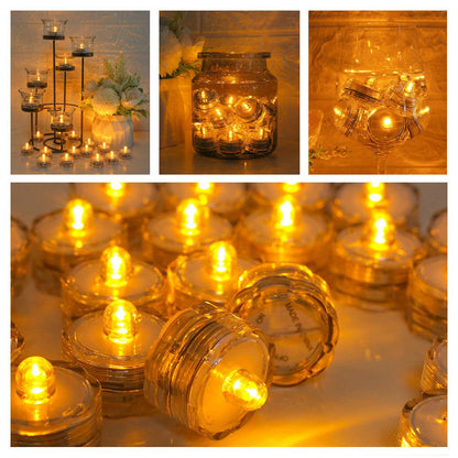 Stevvex flameless LED tea lights in clear cups, warm white glow for wedding decor on Tampa Home & Garden Store