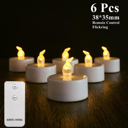 6 pcs flameless LED tea lights with warm white glow, white bases, remote control on Tampa Home & Garden Store