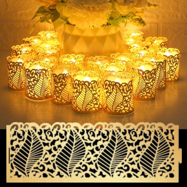 Flameless LED tea lights with lace-cut sleeves, warm white glow, 24pc set on Tampa Home & Garden Store