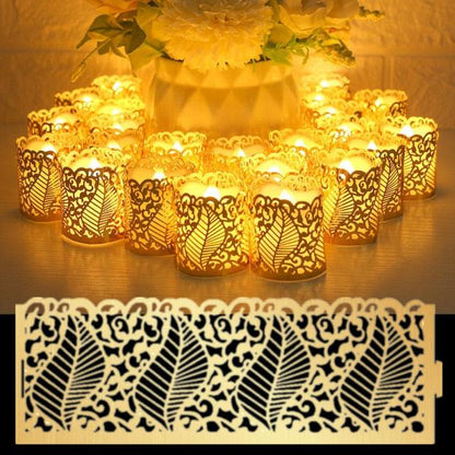 Flameless LED tea lights with lace-cut sleeves, warm white glow, 24pc set on Tampa Home & Garden Store