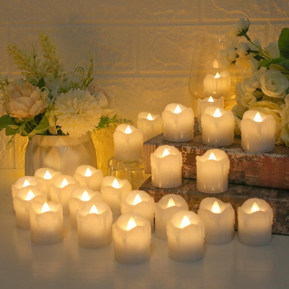Stevvex flameless LED tea lights 24pc warm white battery candles for wedding decor on Tampa Home & Garden Store